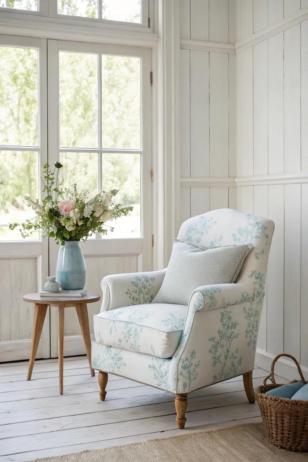 Add a touch of charm with gently patterned blue upholstery. #CozyCorners #PatternPlay