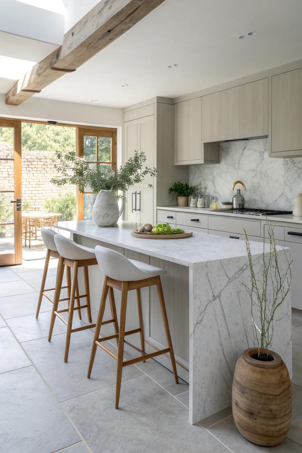Embrace timeless elegance with marble countertops that beautifully complement light grey floors.