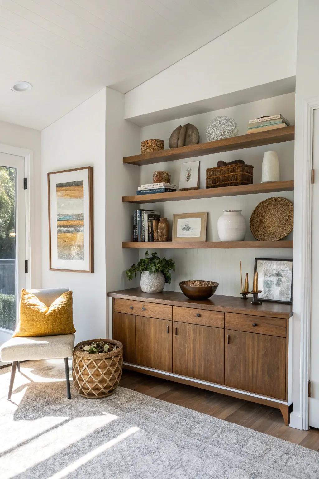 Combine style and functionality with integrated shelving that complements your accent wall beautifully. 📚 #ShelfStyling #MidCenturyModern
