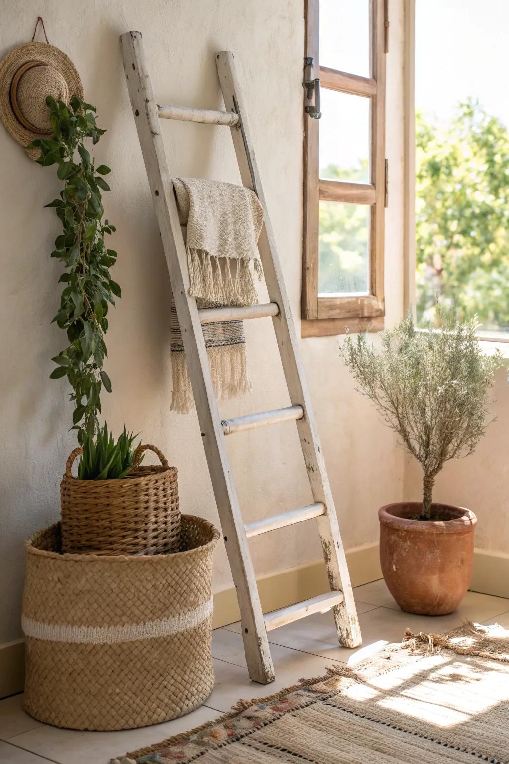 Infuse rustic charm into your space with a distressed mini ladder. 🏡 #RusticDecor #FarmhouseStyle