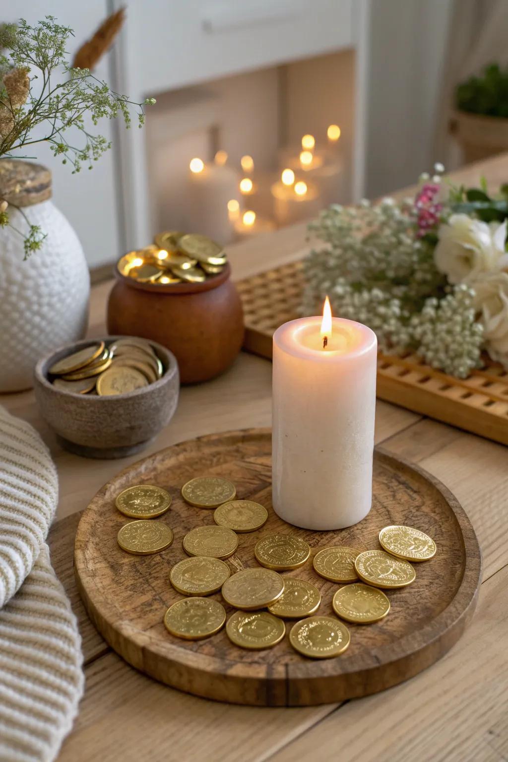Add a touch of extravagance with a gold coin display that's both eye-catching and luxurious.