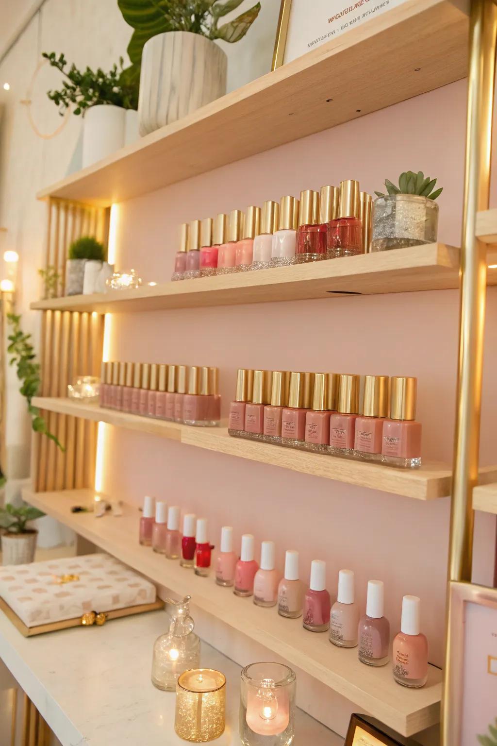 Keep it simple and functional with open shelving that makes choosing your next nail color a breeze.