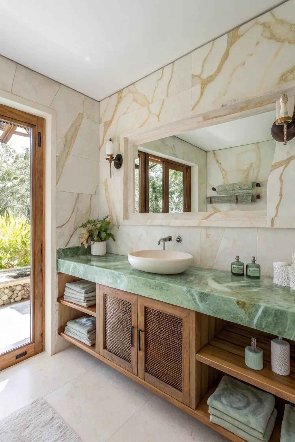 Discover the versatility of onyx with a palette that ranges from subtle creams to bold greens. #ColorfulOnyx #BathroomDesign