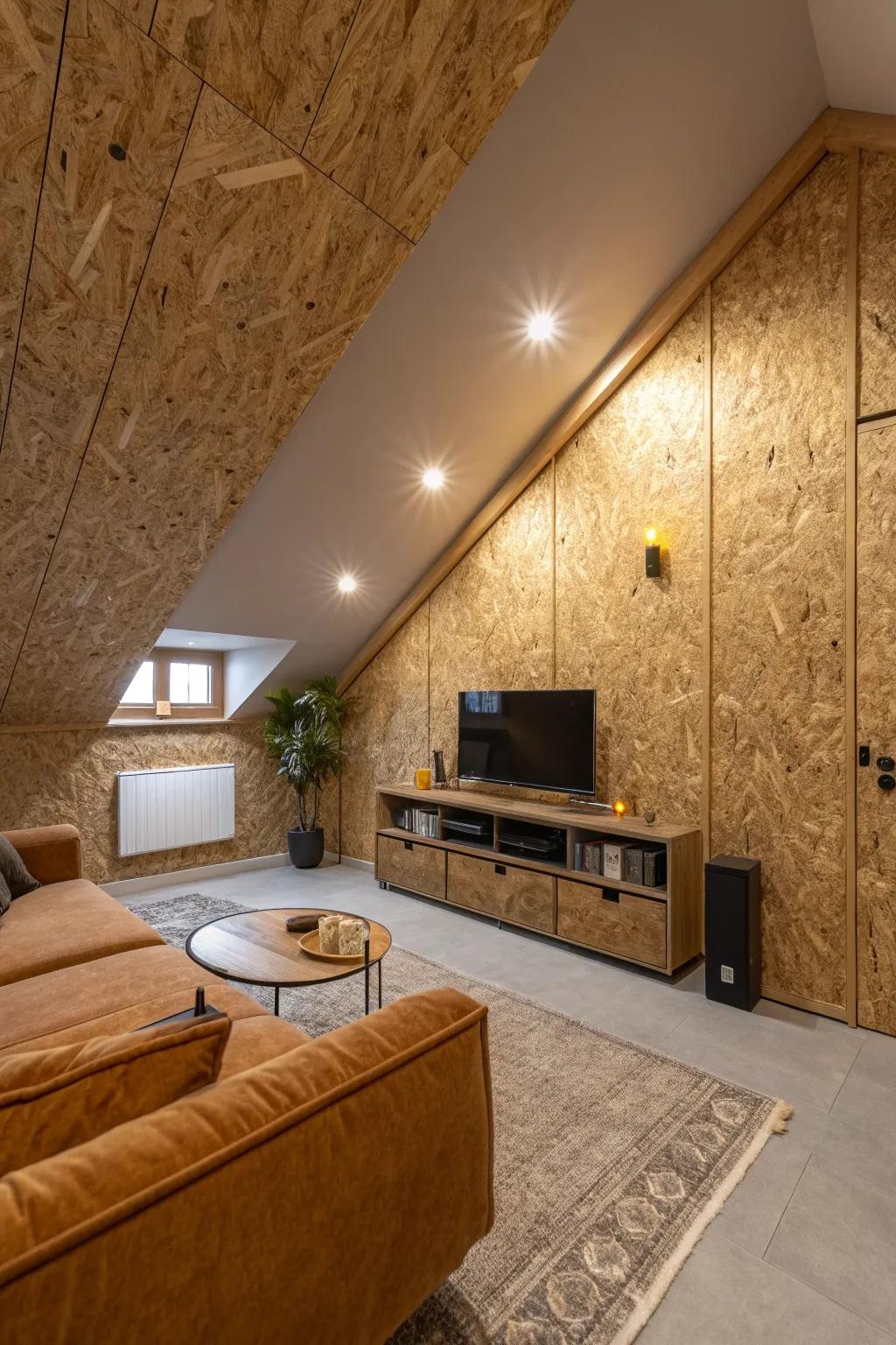 Achieve a unified aesthetic with OSB board in open-plan spaces. 🏠 #OpenPlanLiving #InteriorDesign