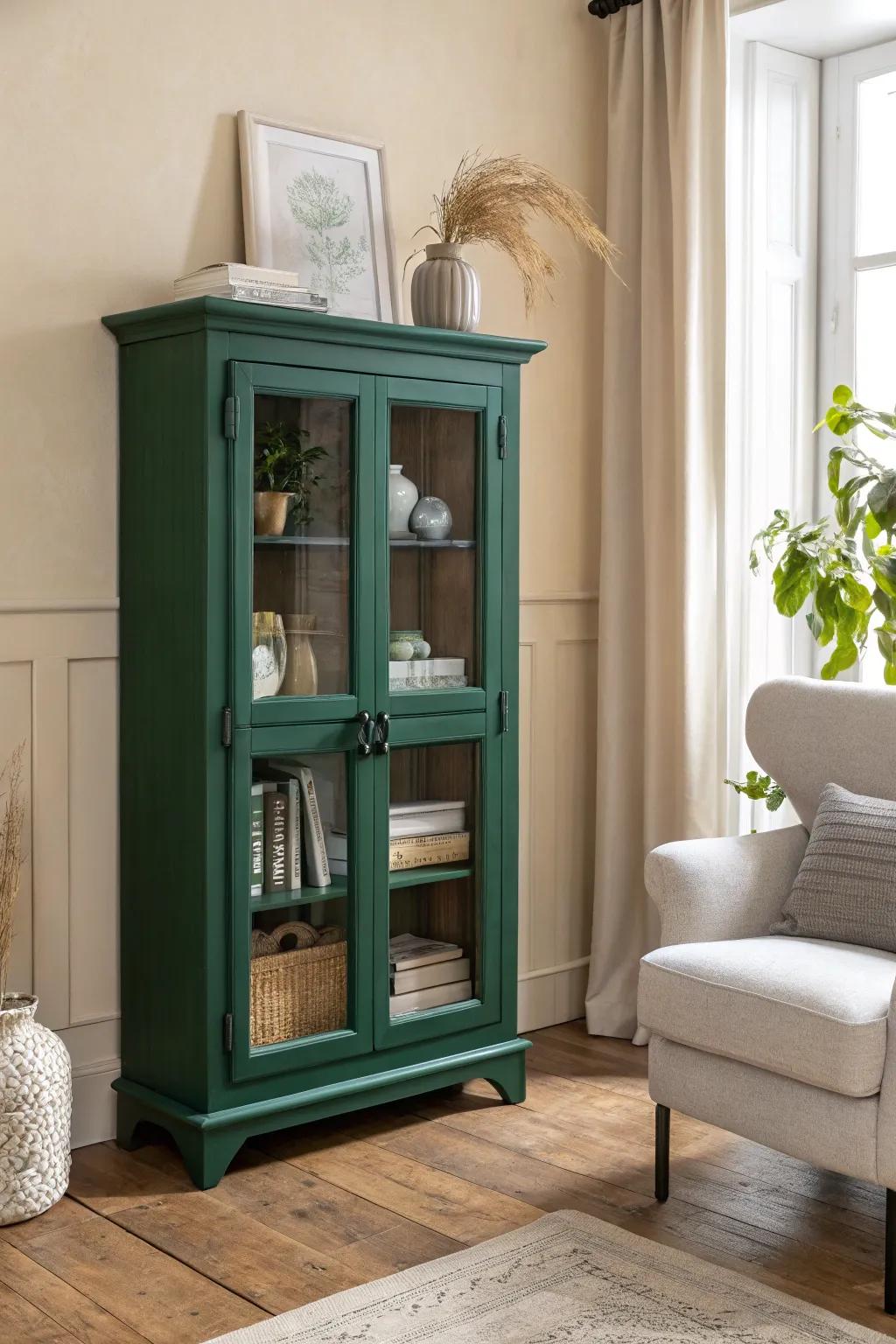 An emerald green cabinet exudes elegance and pairs beautifully with lush greenery. #EmeraldElegance #InteriorLux