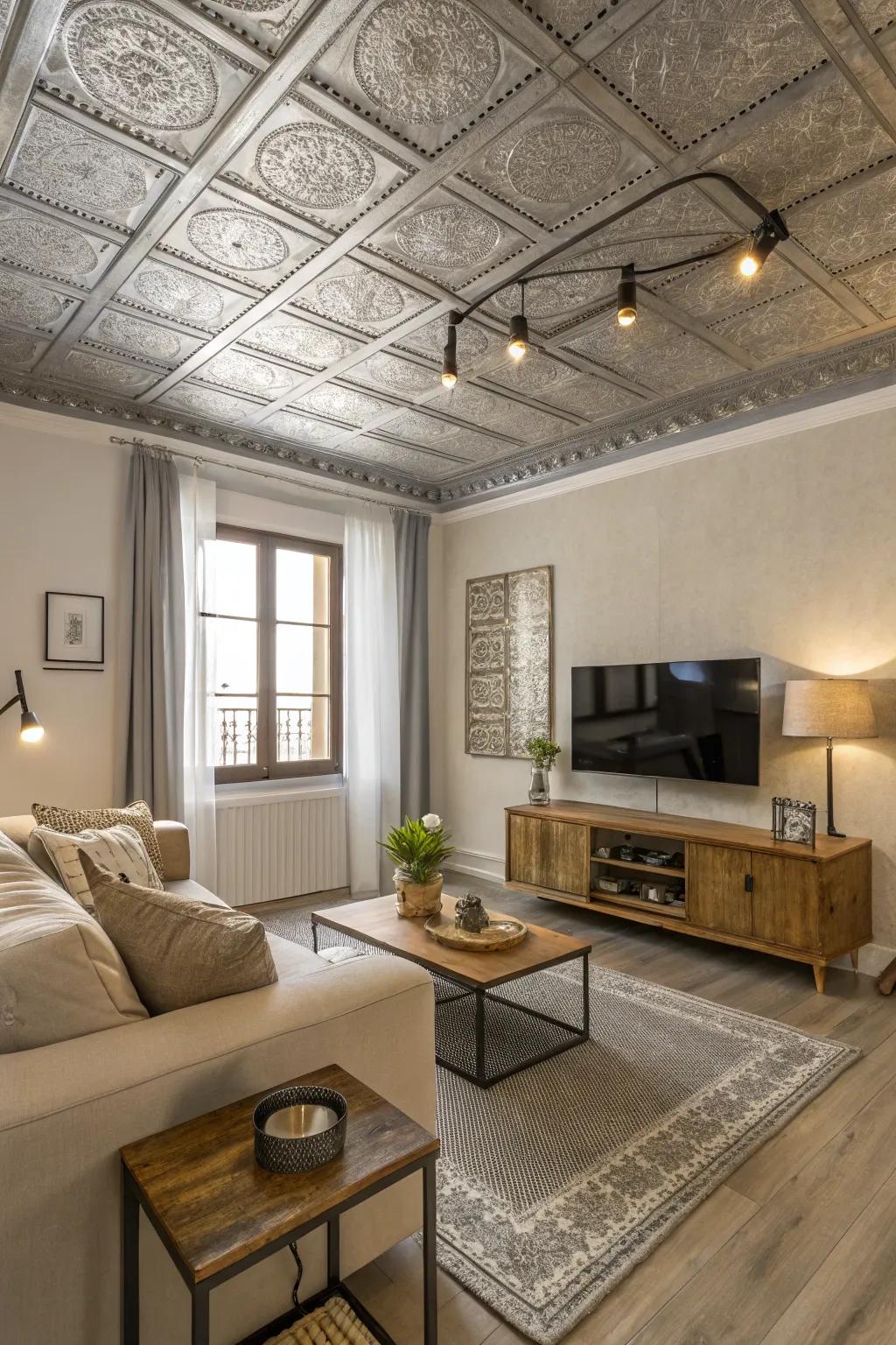 Bring the urban vibe home with a metallic finish on your ceiling, perfect for a modern look. 🔧 #IndustrialStyle #CeilingDesign