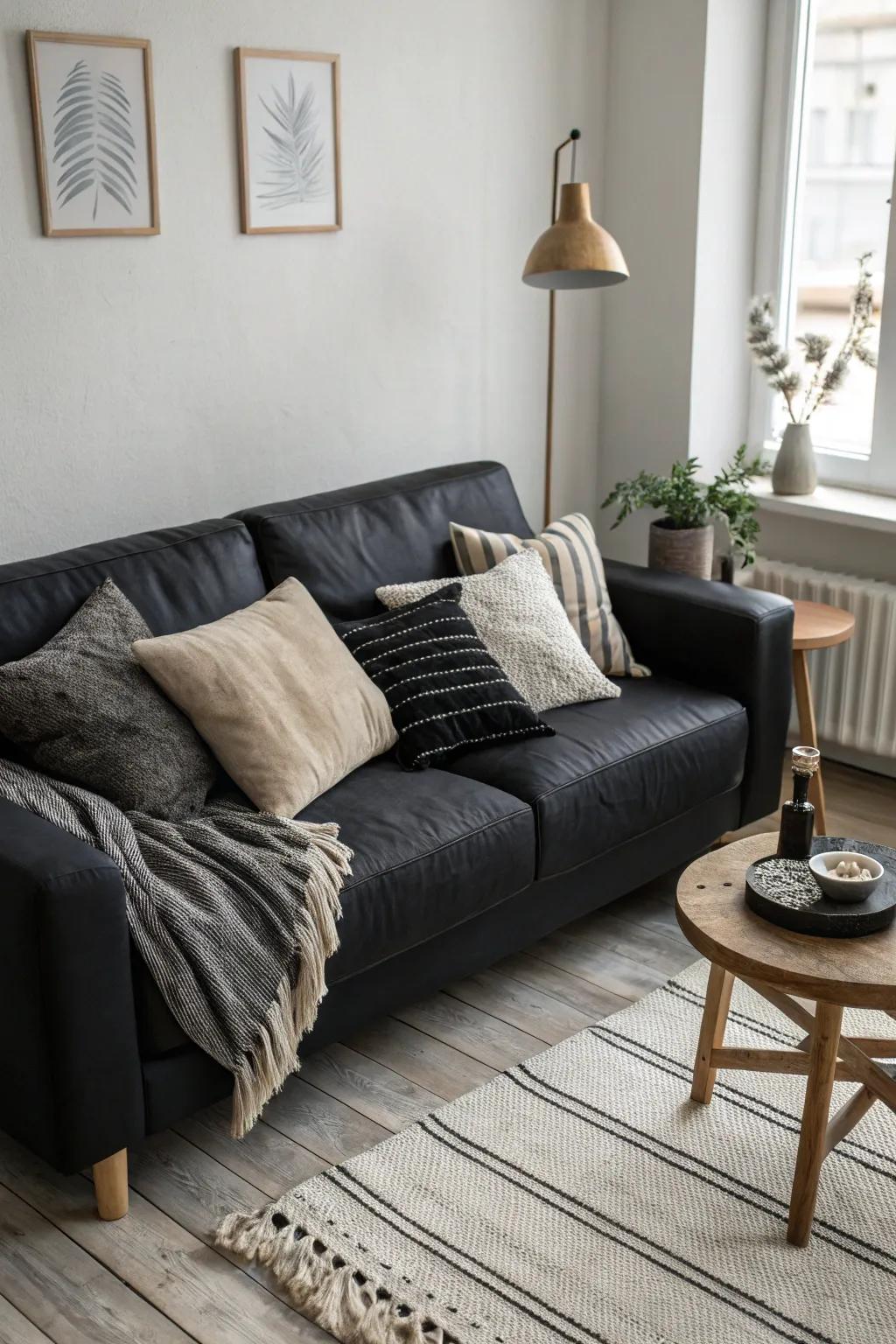 Embrace the boldness of monochrome with black pillows that add depth and texture.