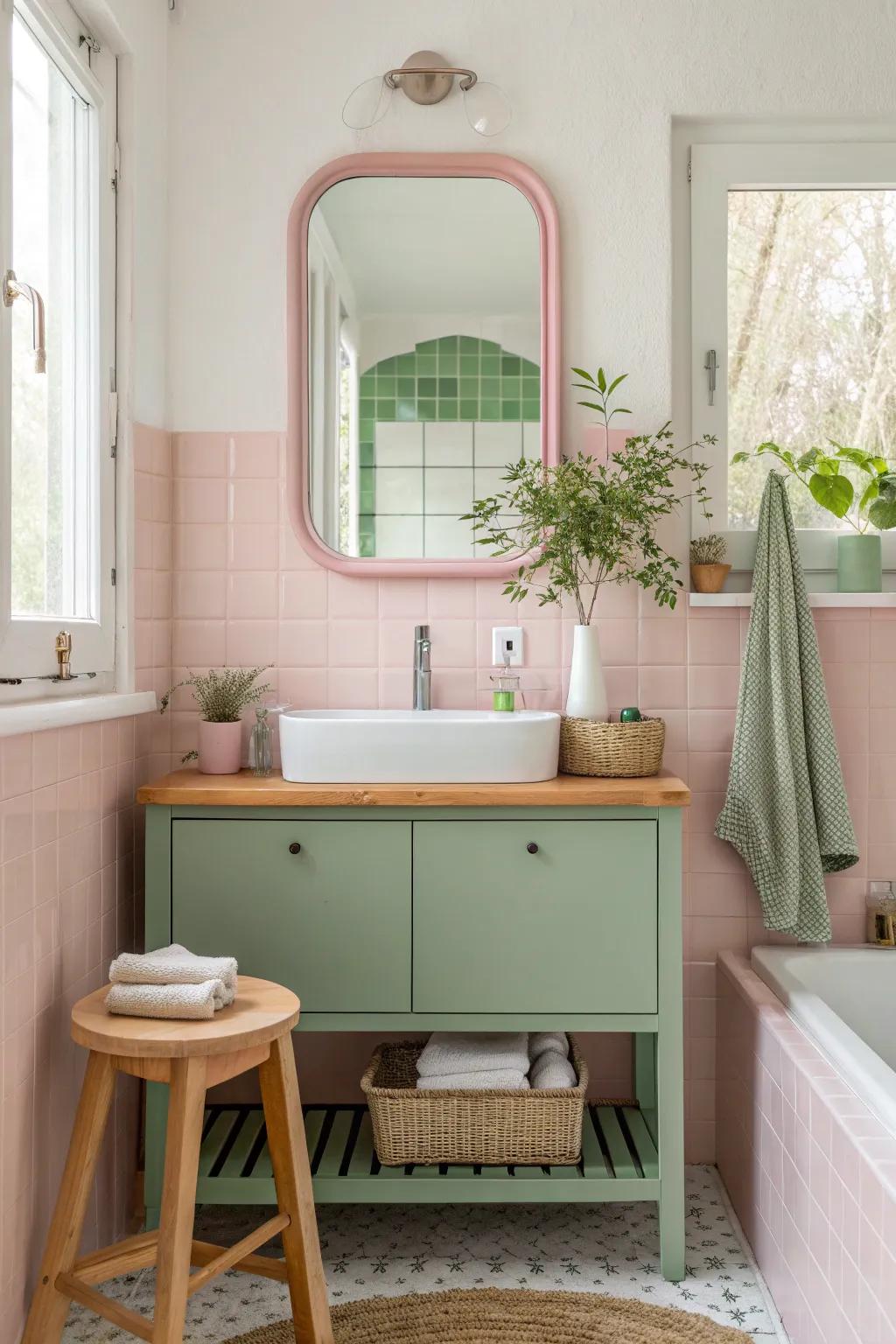 Add depth and light with a statement mirror framed in pink or green for an enhanced bathroom vibe.