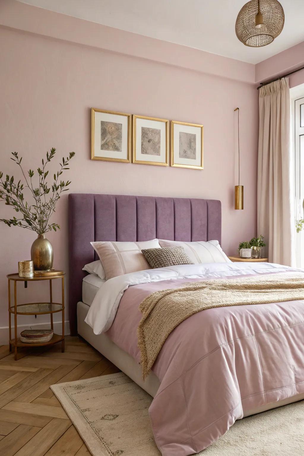 Ballet pink and plum create a sophisticated and harmonious bedroom haven.
