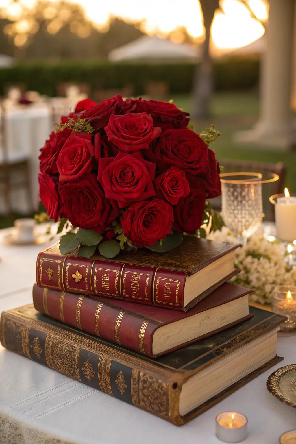 Tell a story with vintage books and vibrant red roses atop.