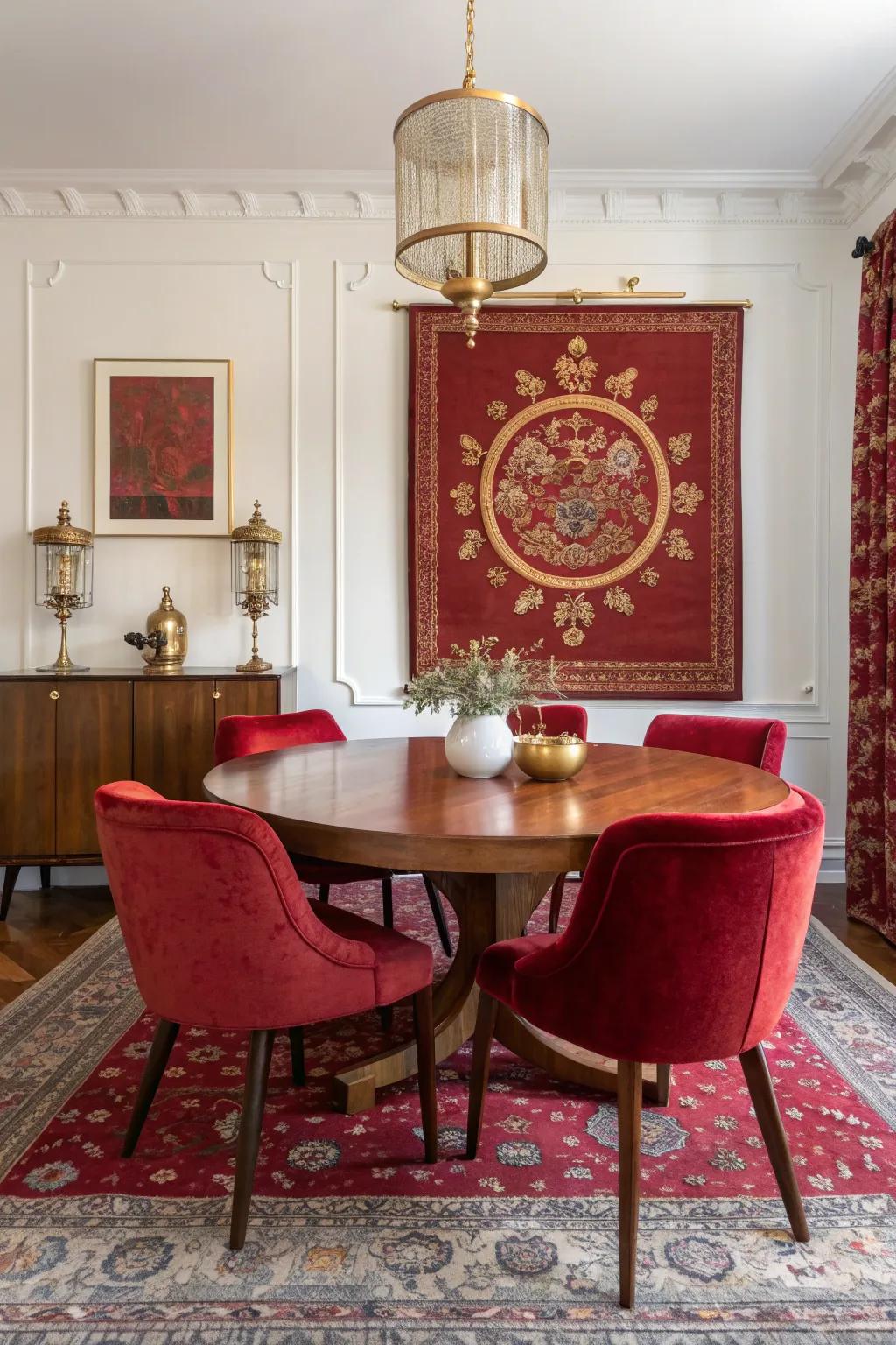 Vintage red decor adds character and history to your dining space. 🏺 #VintageDecor #DiningRoomIdeas