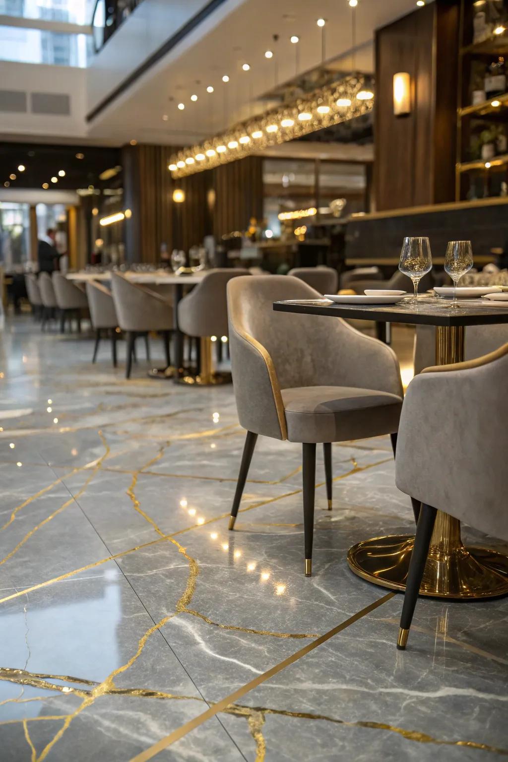 Step into elegance with the timeless beauty of marble floors in your restaurant.