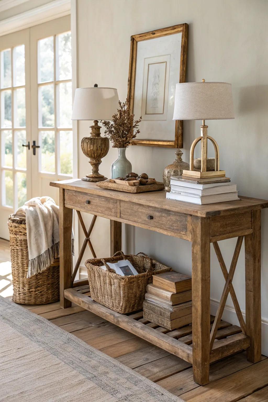 Vintage finds add character and a touch of history to your rustic entryway decor.