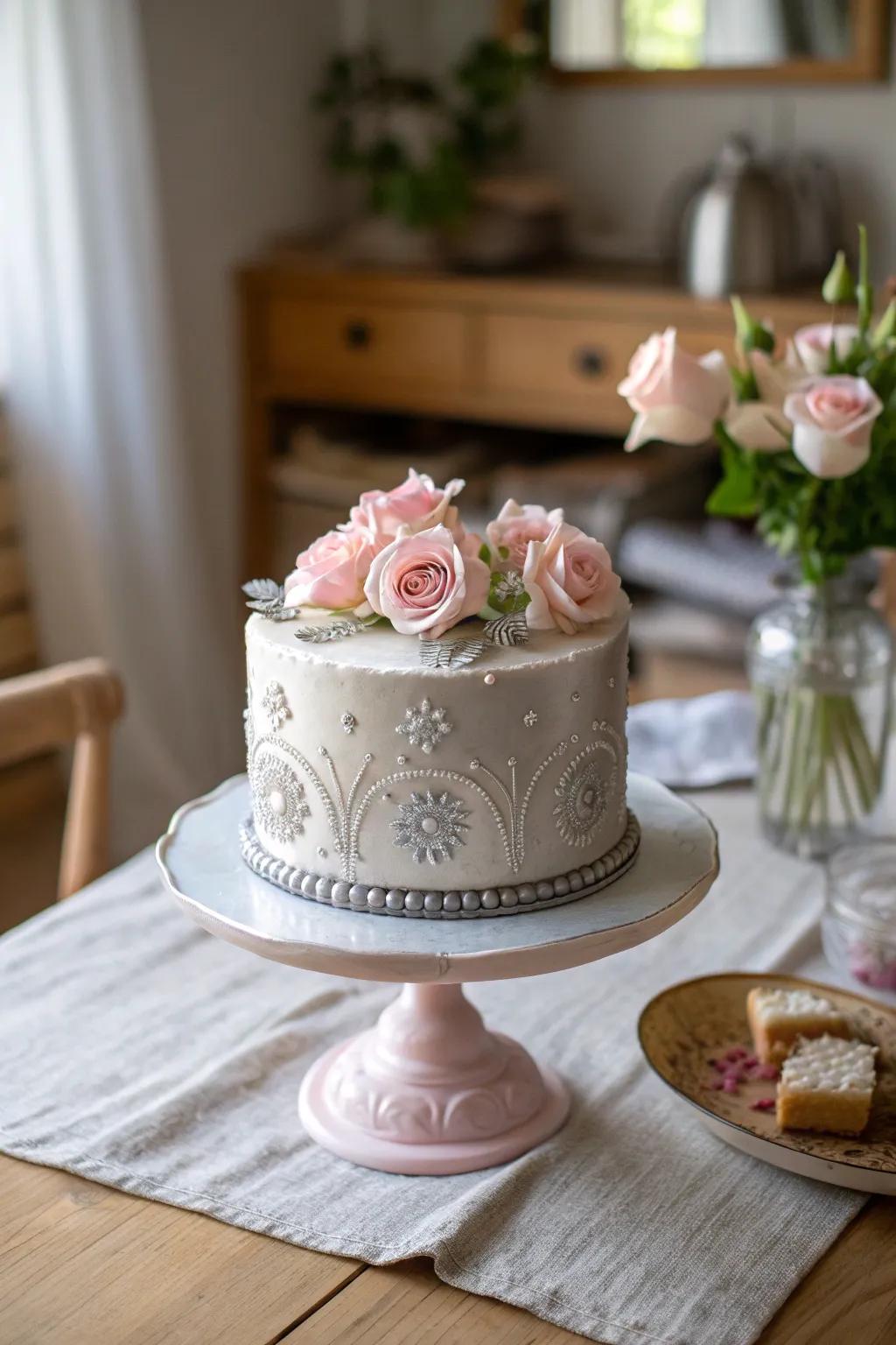 A perfect blend of silver and floral elements creates a dreamy cake setting.