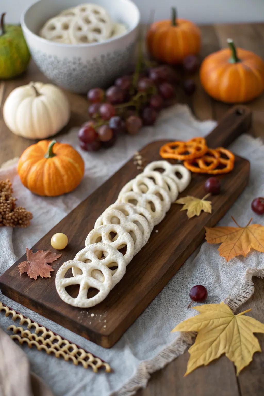 Yogurt-covered pretzels create a crunchy, eye-catching spine for your board.