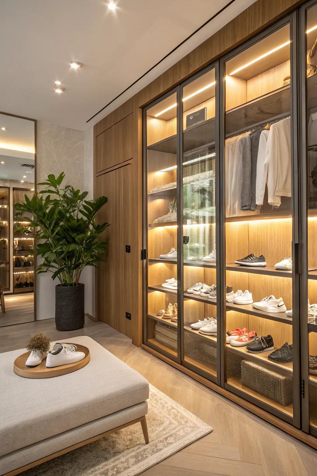 Protect and display your sneakers with elegance using glass doors. #GlassDoors #LuxuryDesign #ClosetGoals