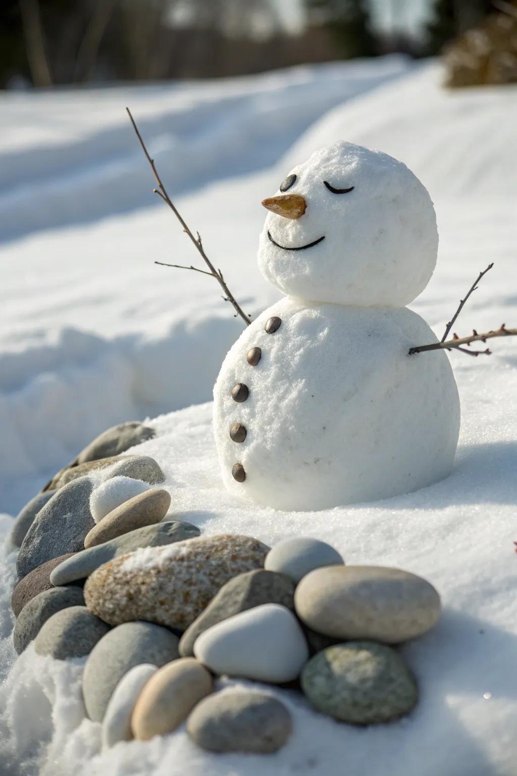 Create a serene snowman with a mouth made of smooth, natural pebbles.