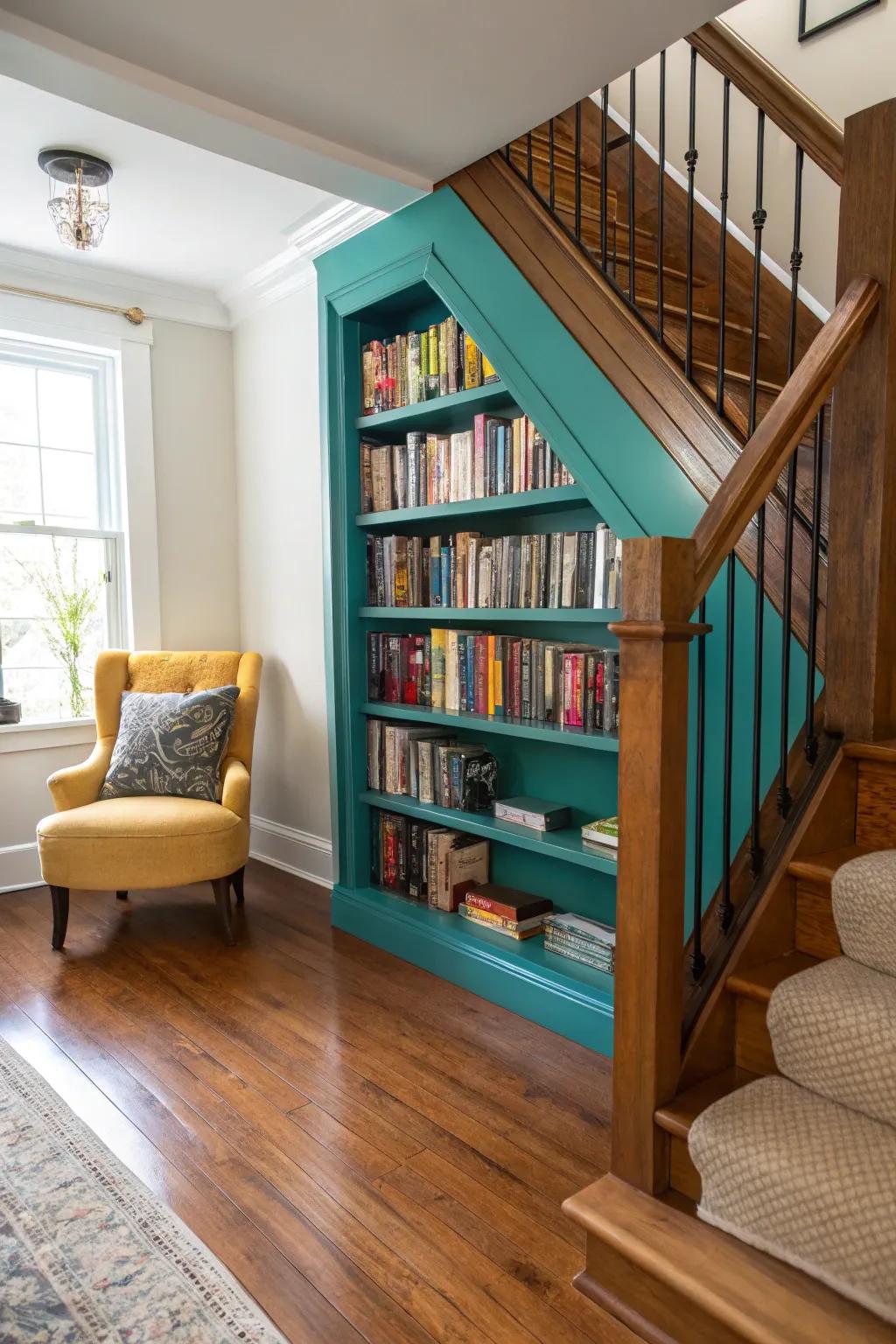 Transform your stair landing into a mini library with stylish bookshelves.