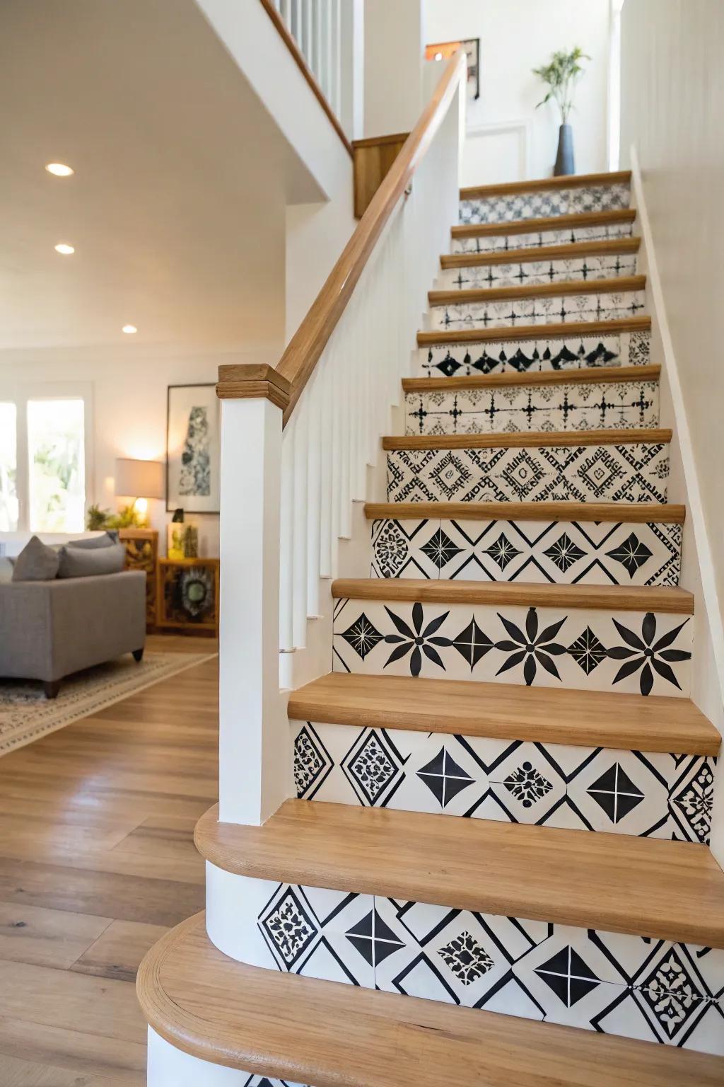 Geometric patterns add a playful touch to your staircase. 🌀 #GeometricDesign #HomeInspiration