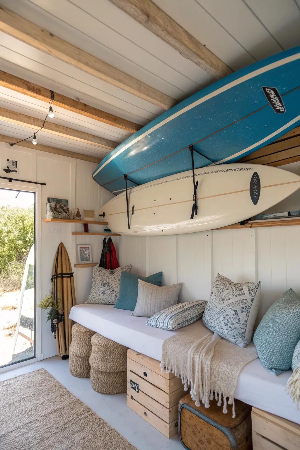 Elevate your storage game by using ceiling racks to free up floor space. 🚀 #GarageGoals #SurfboardStorage