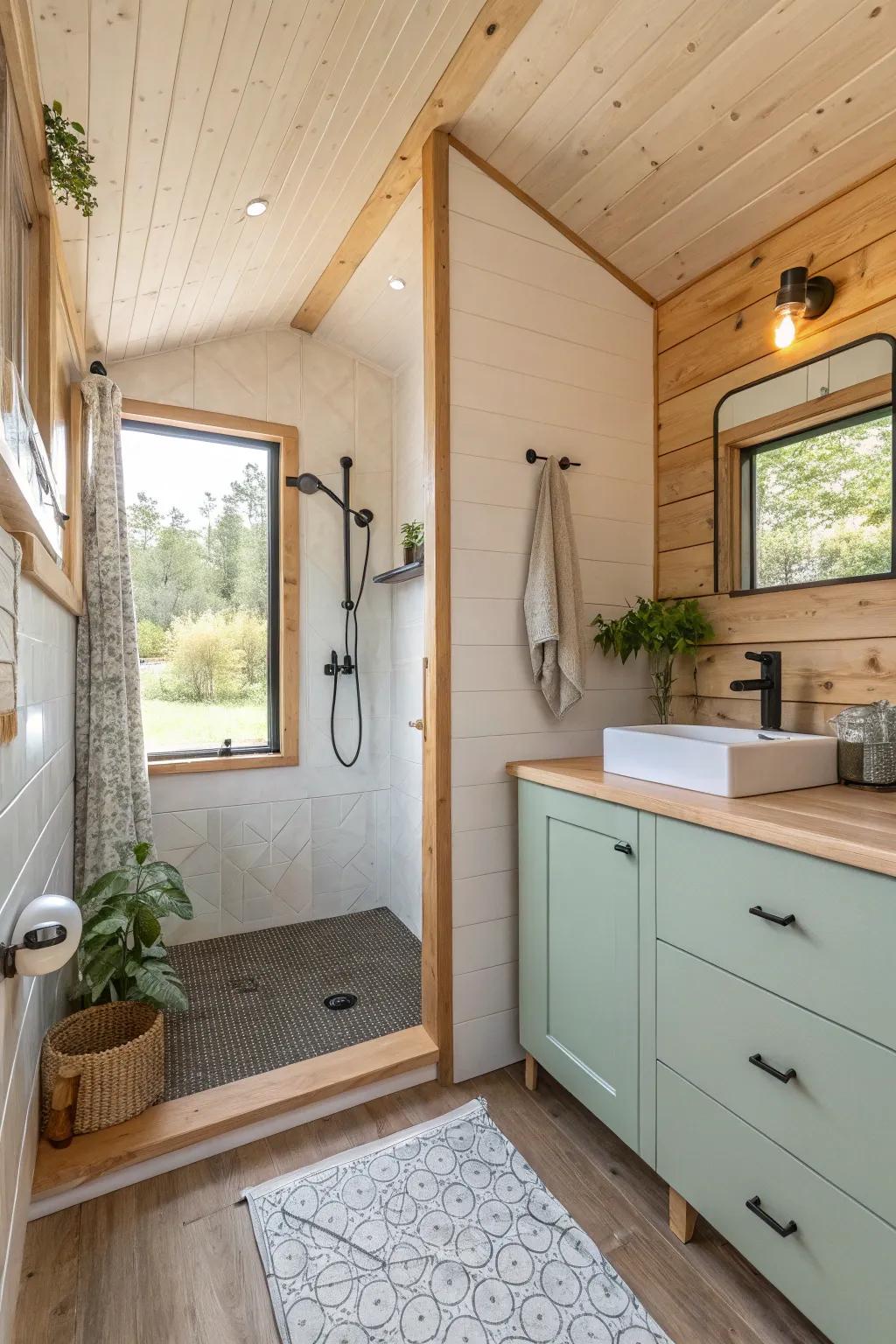 Experience a seamless flow in your tiny house with a wet room concept that maximizes space and style.