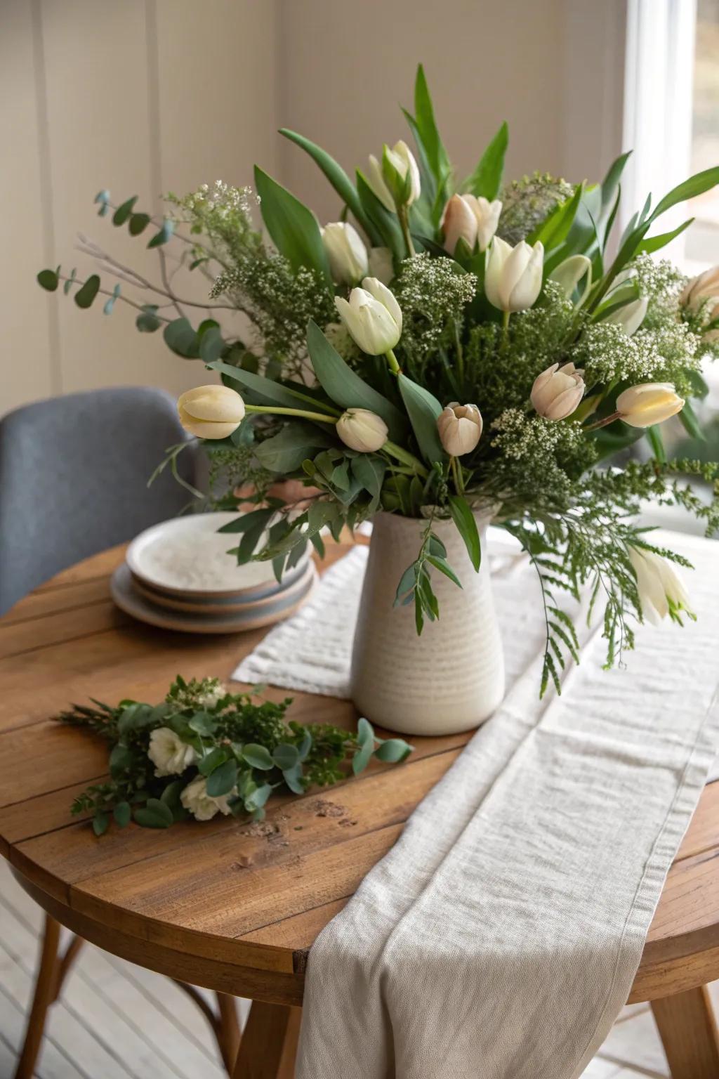 Enhance your tulip arrangements with lush greenery for a fuller look.