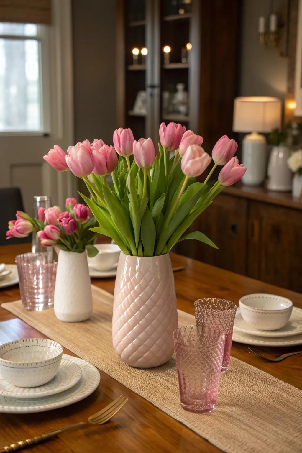Sleek sophistication in a monochromatic tulip display. #ElegantDesign #HomeStyling 🌼