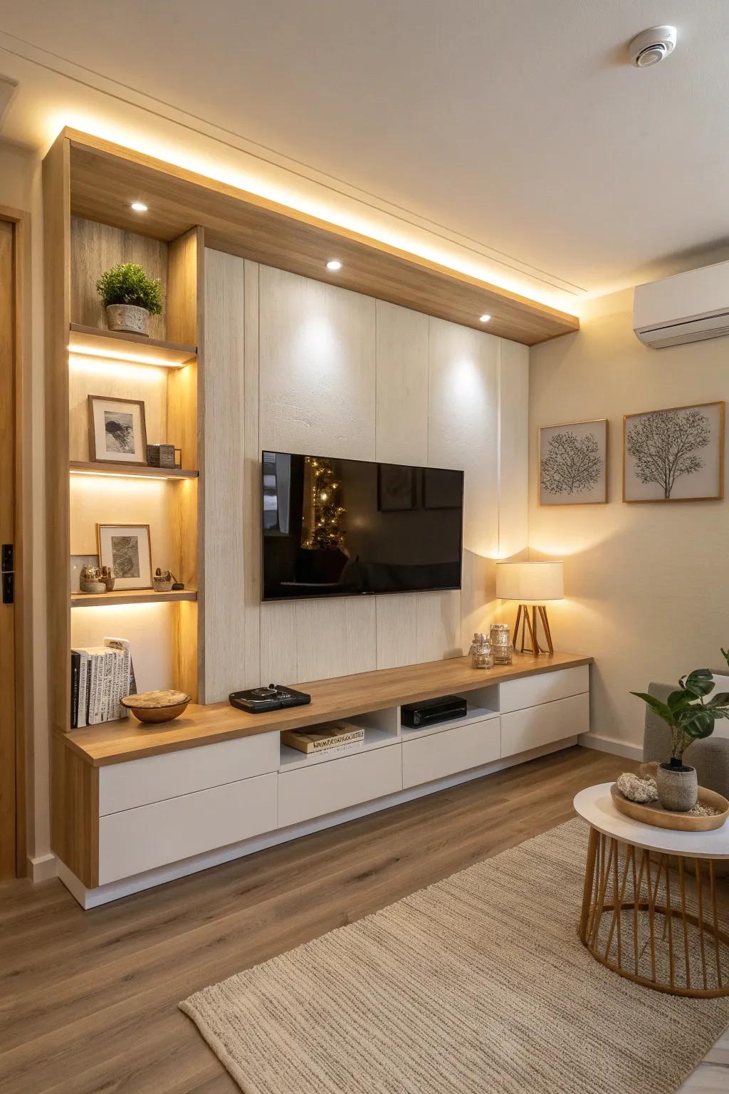 Accent lighting sets the mood and highlights your TV area beautifully. #LightingDesign #HomeAmbiance