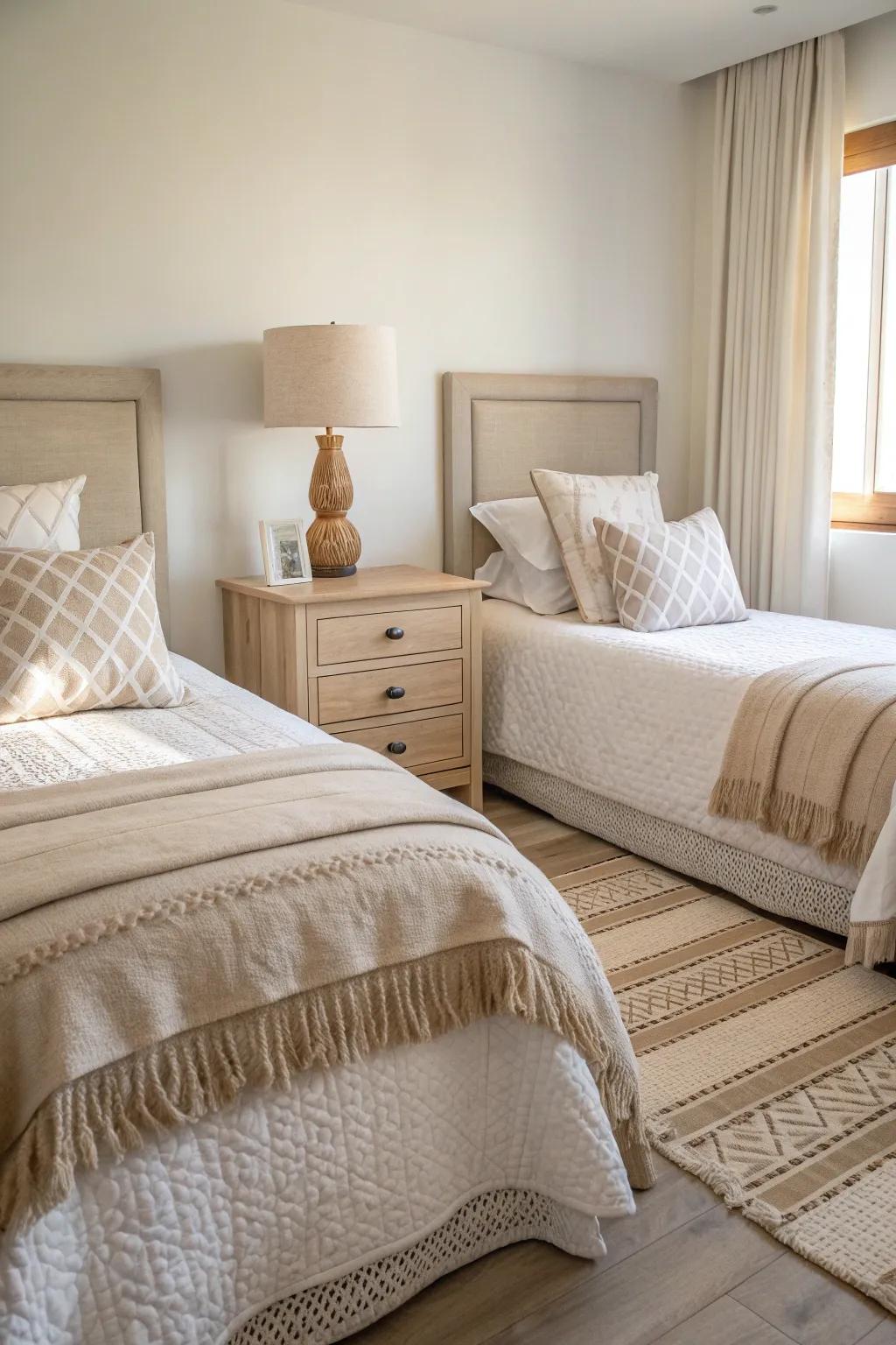 Achieve serenity with a soothing neutral palette in your twin room.