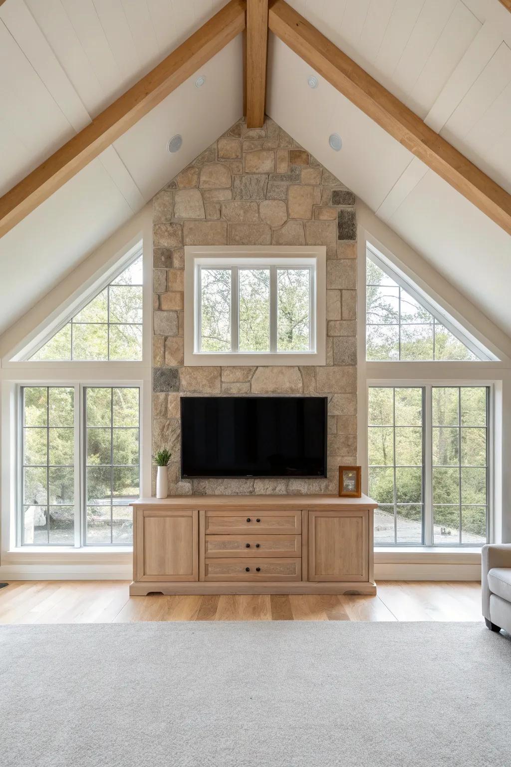 Natural light enhances the spacious feel of a vaulted ceiling, creating a bright and inviting atmosphere.
