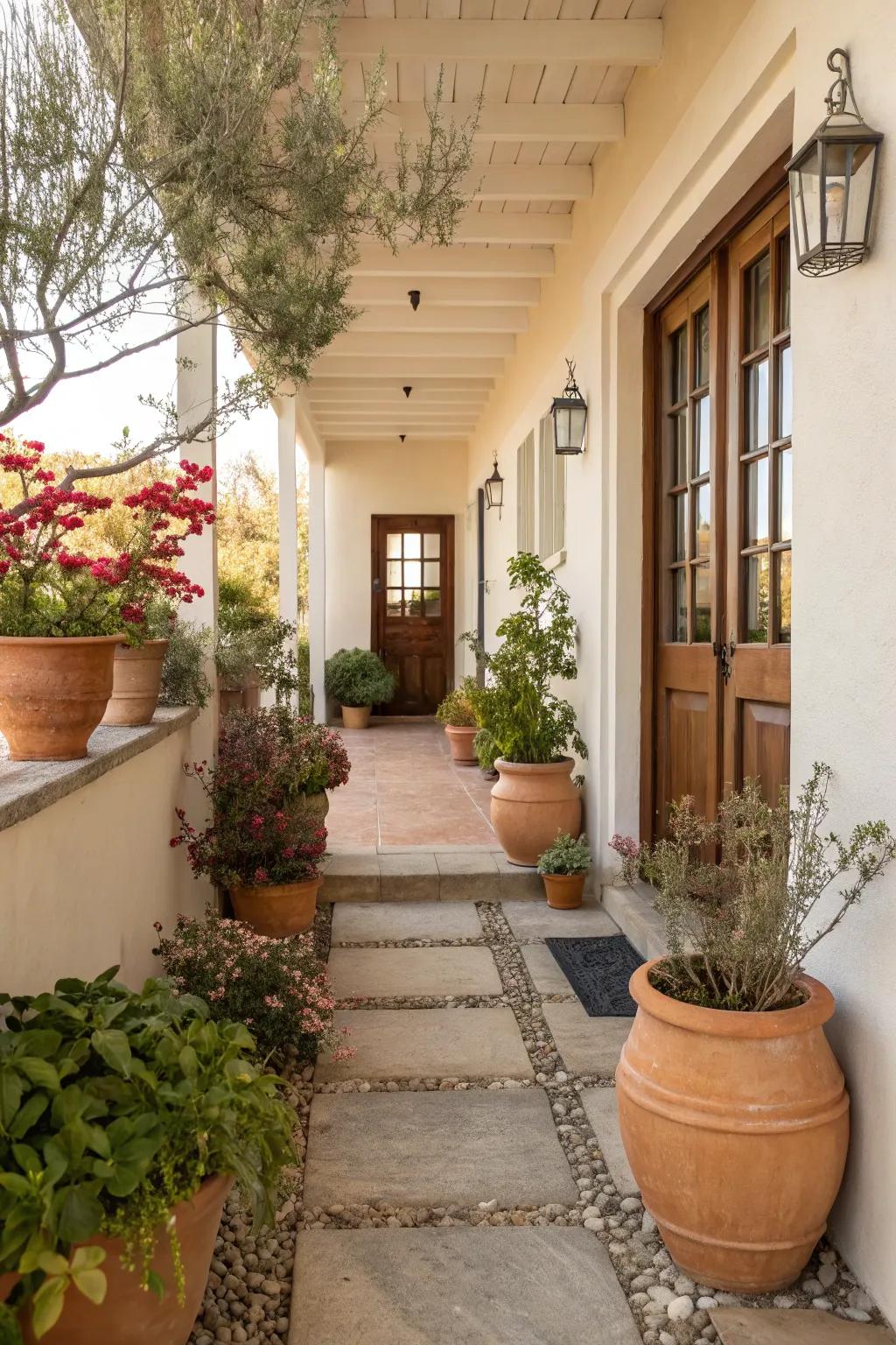 Invite nature's beauty with a walkway adorned by vibrant potted plants. 🌺🌿 #GardenPath #OutdoorLiving
