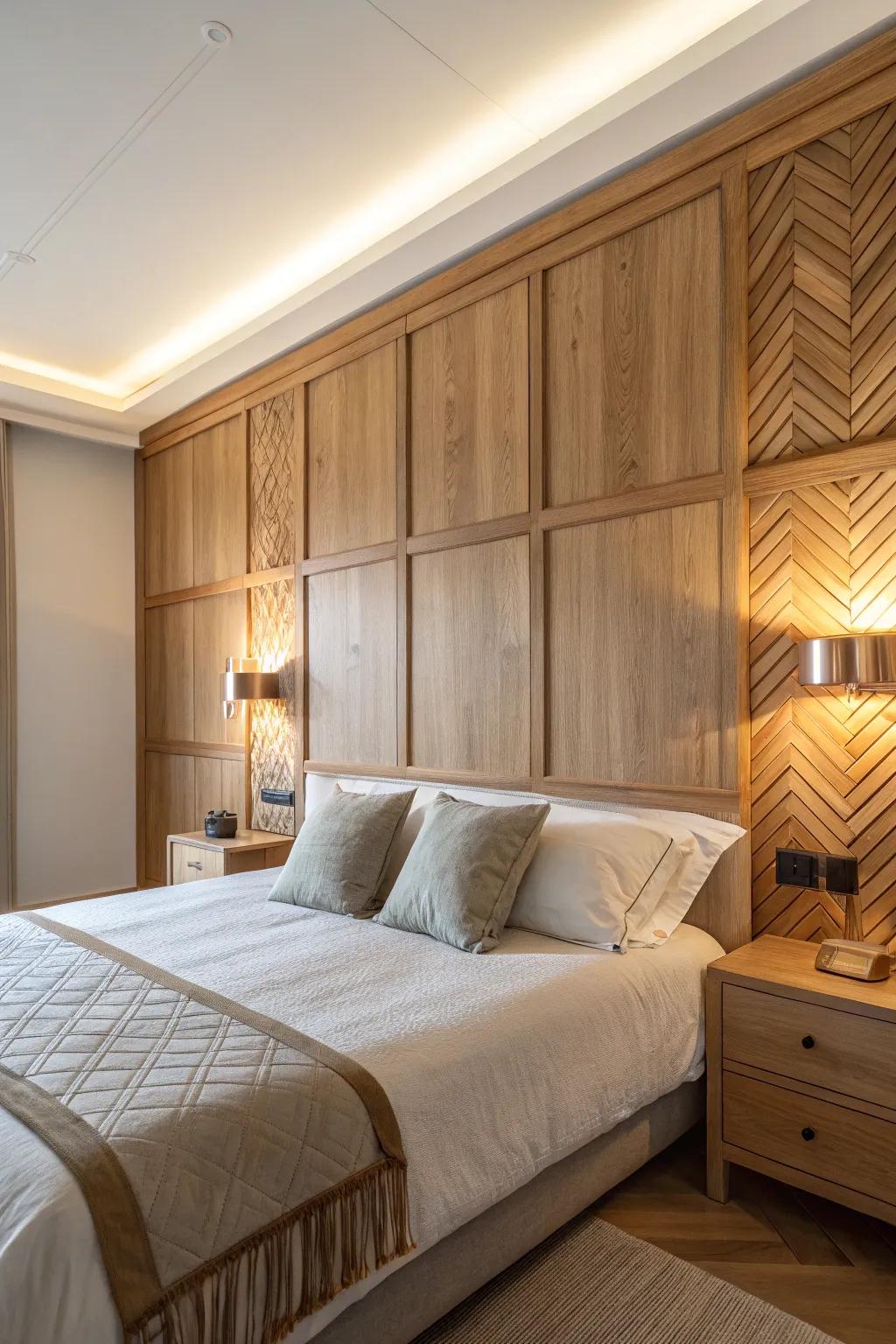 Embrace simplicity with minimalist wood panels that bring a touch of elegance to your bedroom.