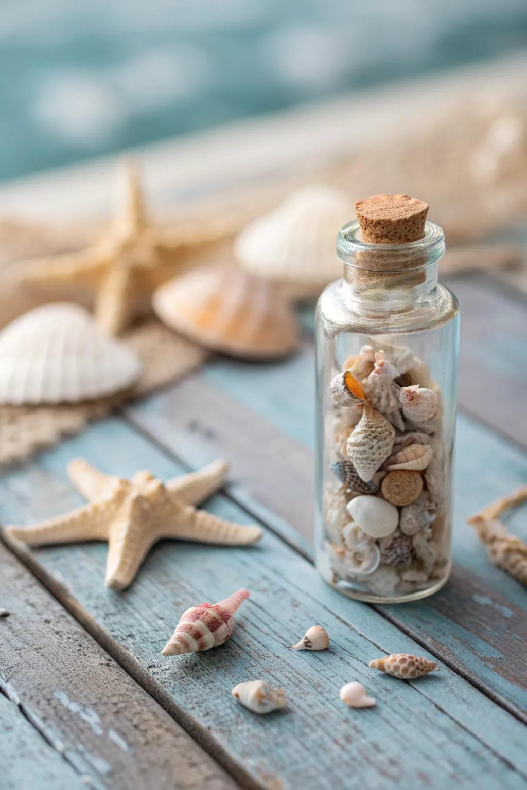 Bring the ocean home with miniature seashell displays in tiny bottles.