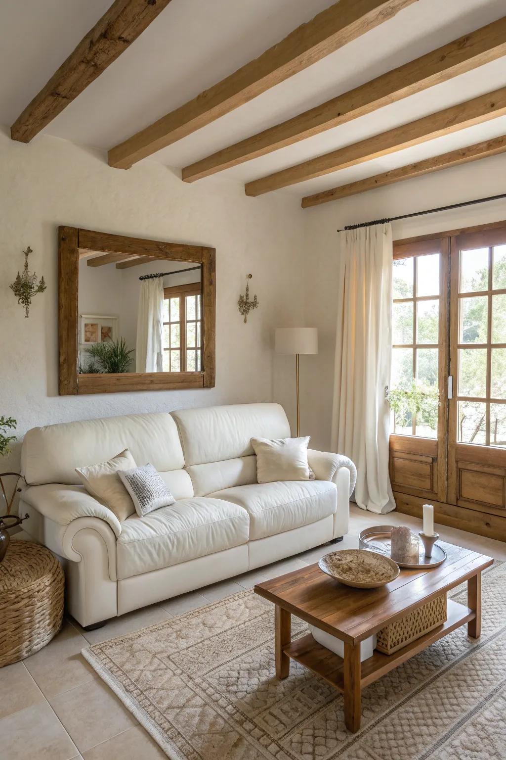 Large mirrors amplify the elegance and space-enhancing qualities of a white leather sofa.