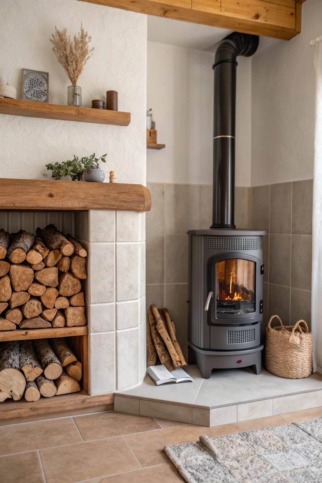 Combine style and function with integrated wood storage around your stove, keeping your space organized and chic.