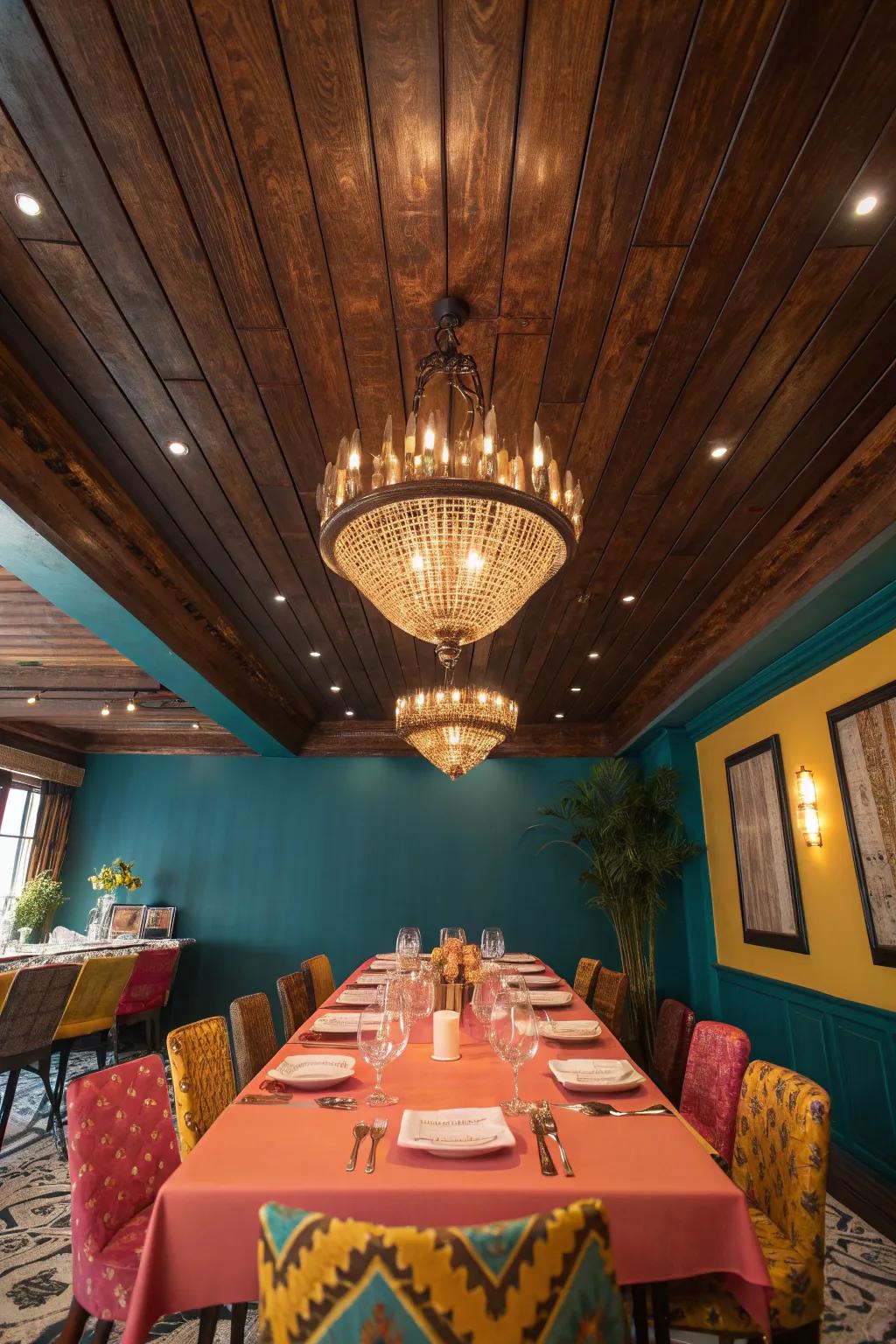 Elevate your dining experience with an eye-catching wood plank ceiling. 🍽️ #DiningRoomDecor #CeilingDesign