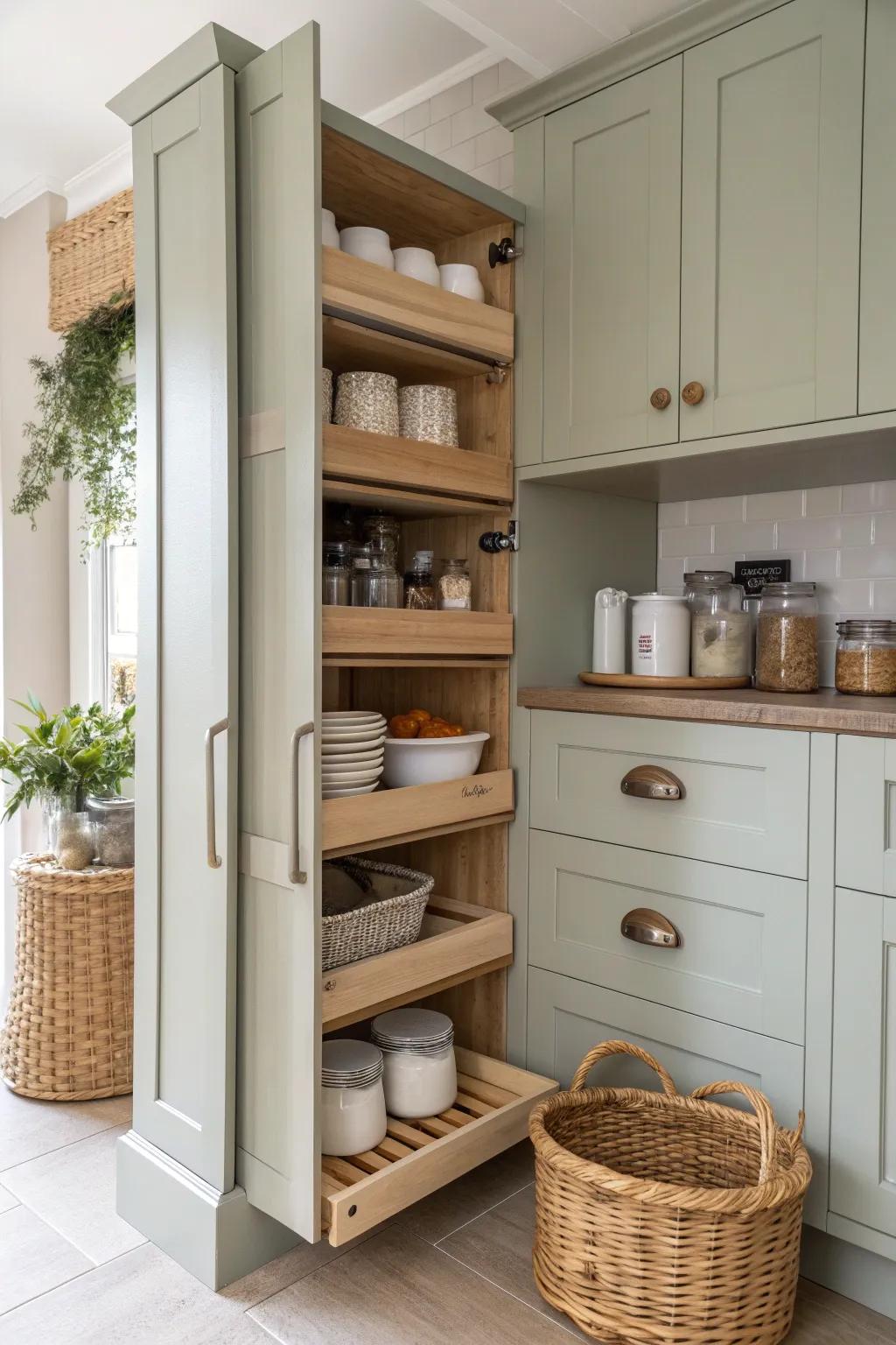 Effortlessly reach large kitchen items with pullout pantry shelves, ensuring nothing gets lost. 🥘 #PantryGoals #KitchenEfficiency
