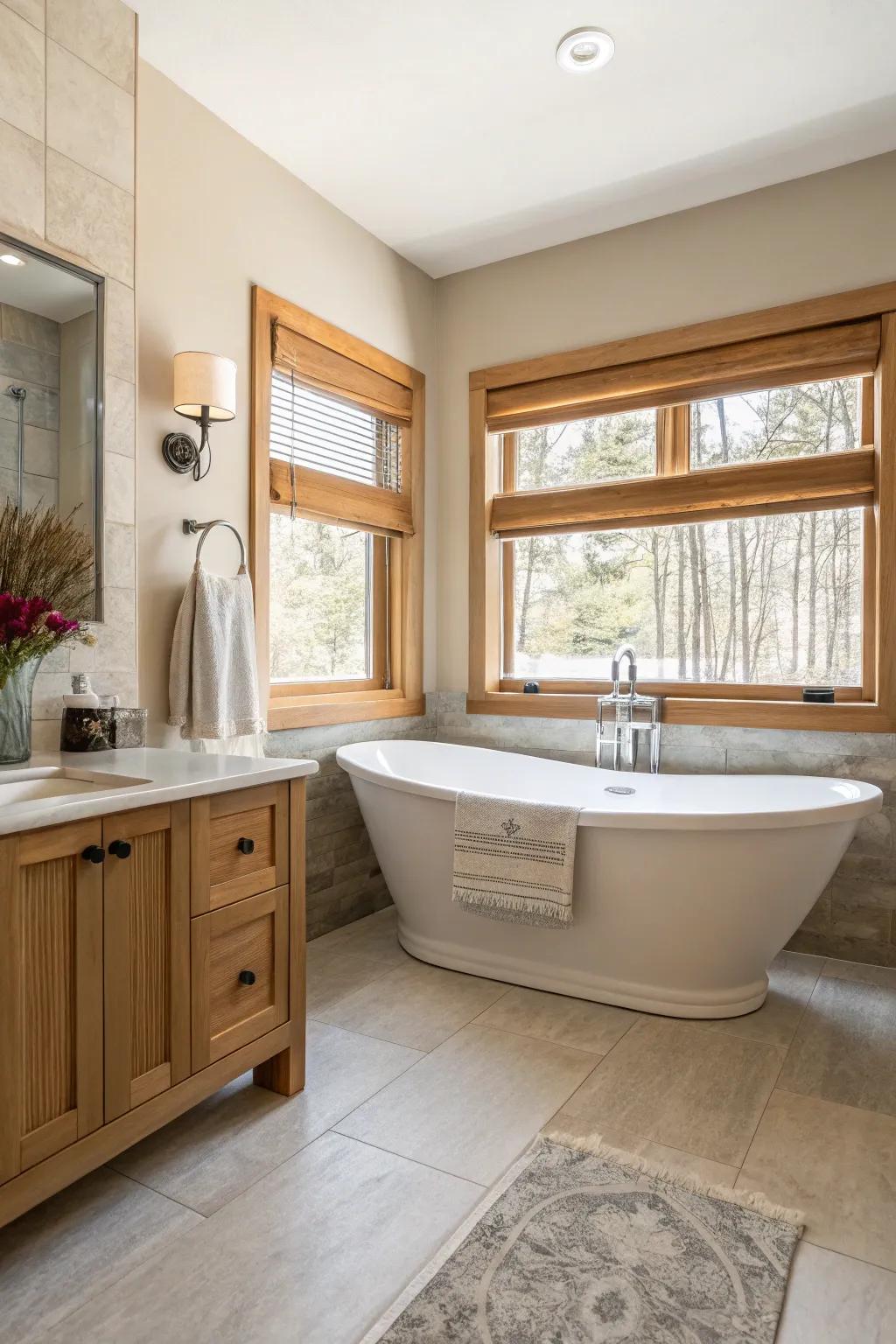 Embrace tranquility with neutral tones that offer a serene and timeless bathroom retreat. 🌿 #InteriorInspiration #CalmingSpaces #BathroomDesign