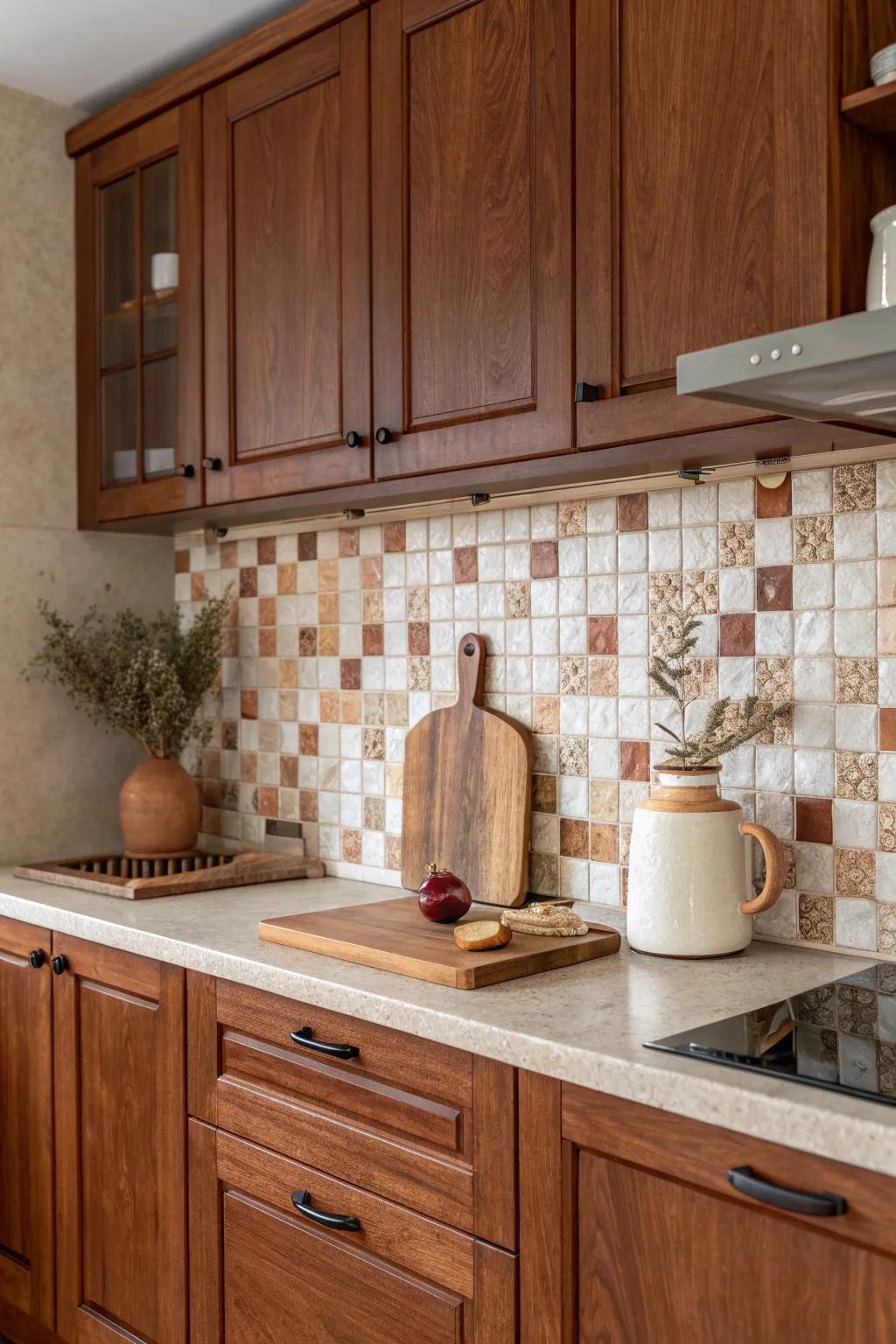 🌿 Earthy mosaic tiles add a touch of texture and intrigue to complement cherry cabinets. #MosaicTiles #KitchenDesign #HomeDecor