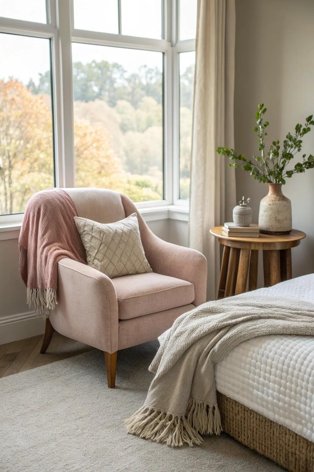 Add a comfy seating area to your bedroom for a perfect spot to unwind. 🛋️ #CozyCorner #BedroomDesign