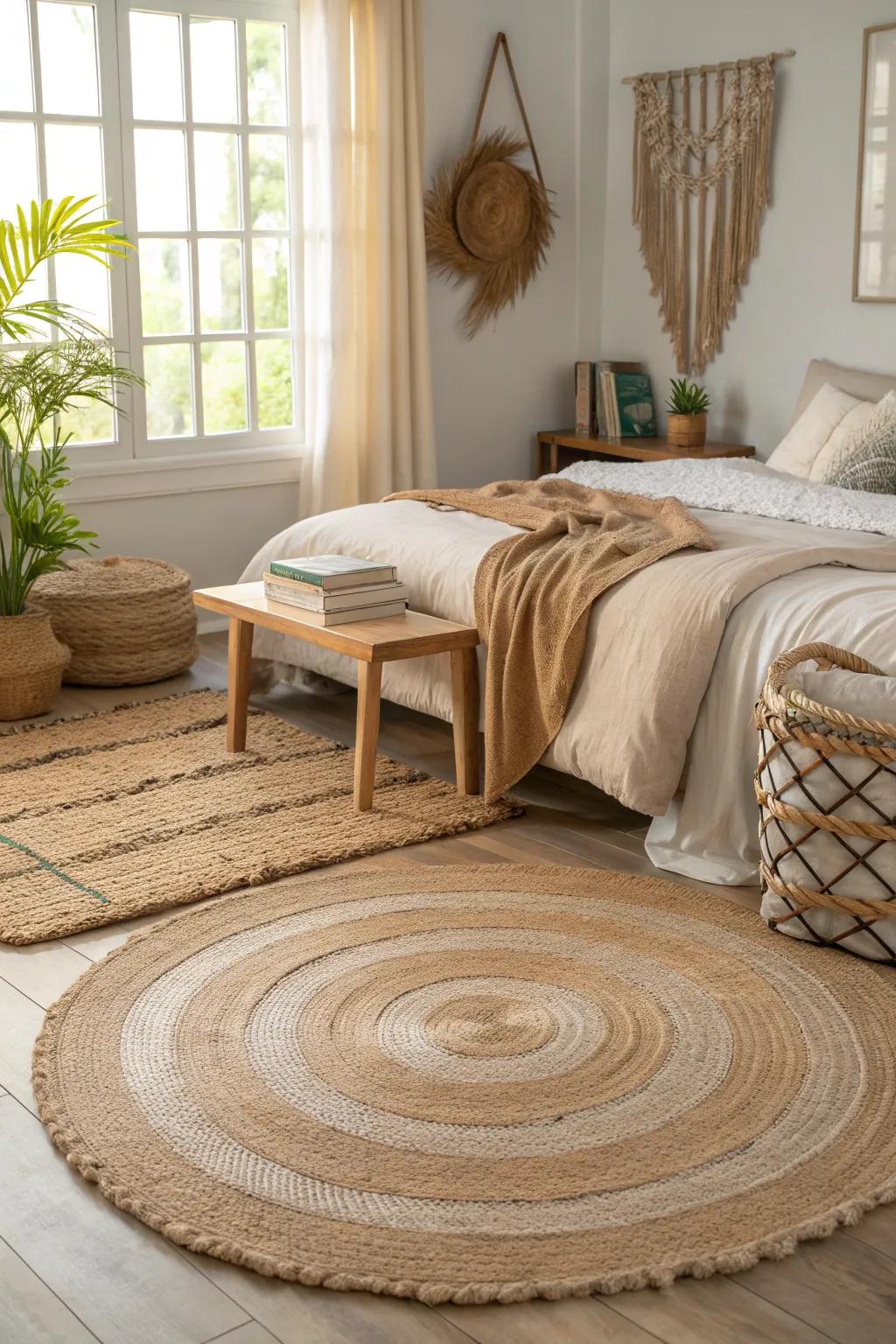 Add an eco-friendly touch with a natural fiber rug, perfect for a sustainable bedroom design.