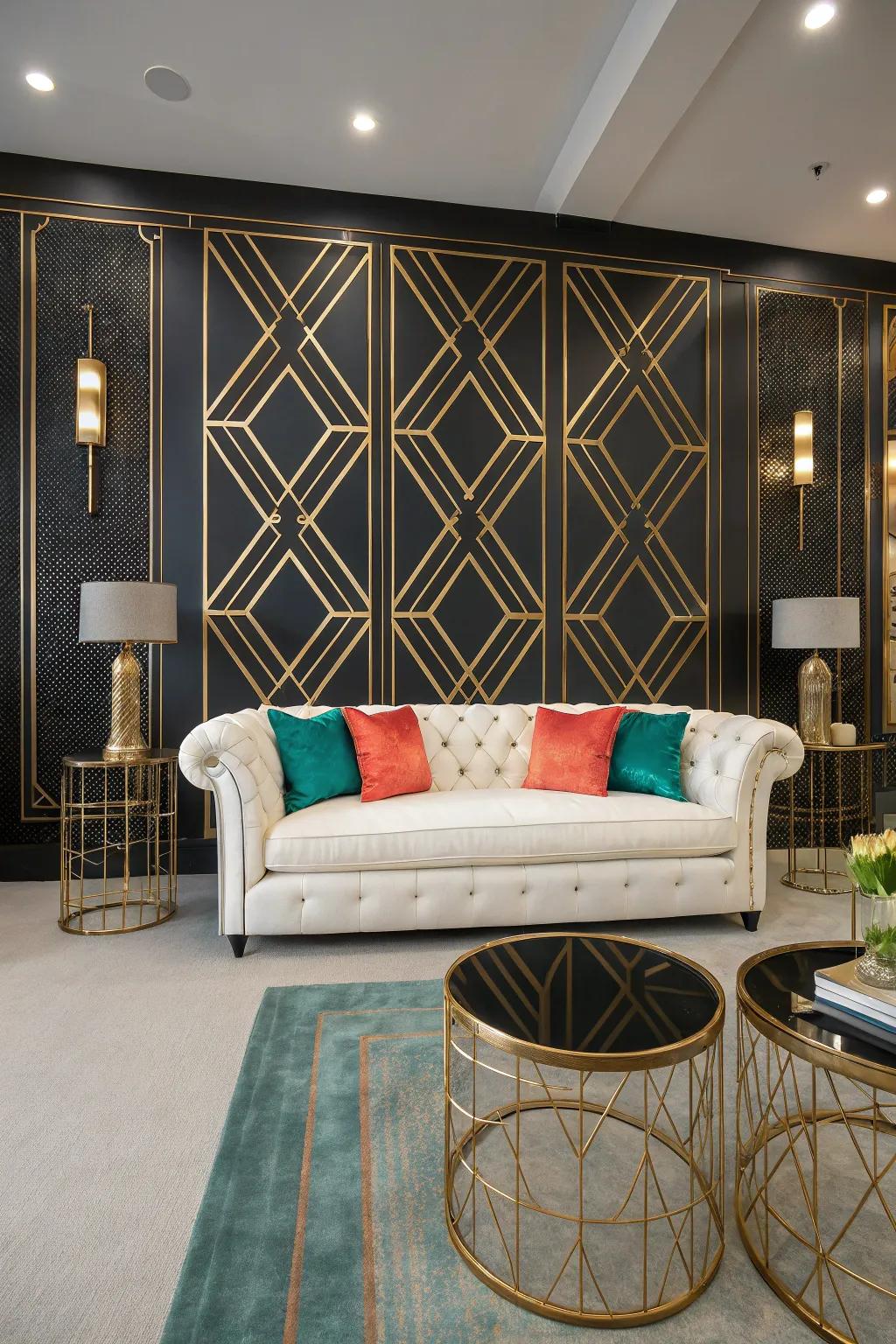 Achieve harmony with contrasting furniture that accentuates your black and gold wall. #InteriorBalance #BoldDesign