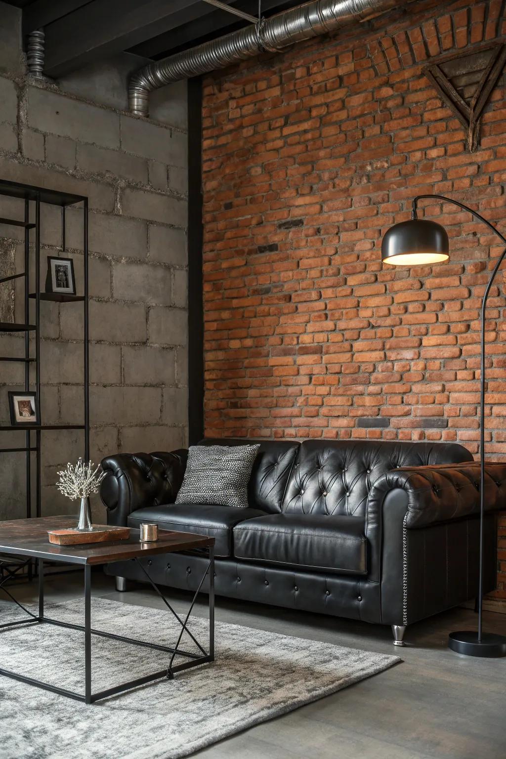 Industrial charm meets modern elegance in this unique living room.