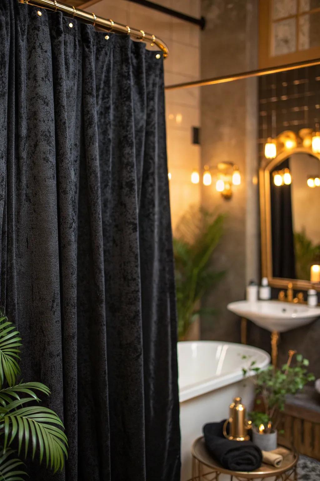 Wrap your bathroom in luxury with a velvety black shower curtain ✨ #LuxuryLiving #BathroomInspiration #InteriorDesign