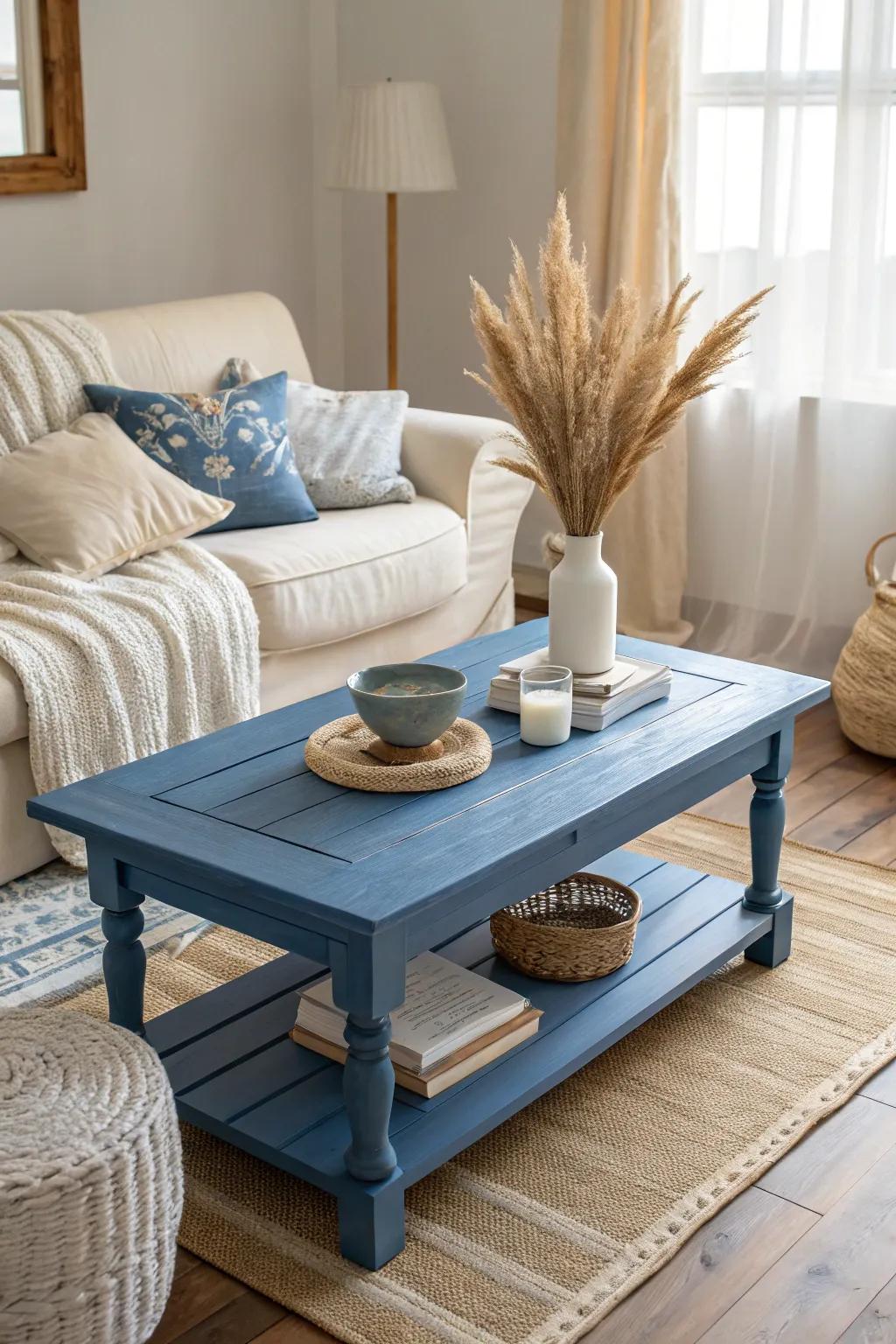 A blue coffee table stands out as a chic centerpiece that complements the room's palette. #CoffeeTableDesign #HomeStyling