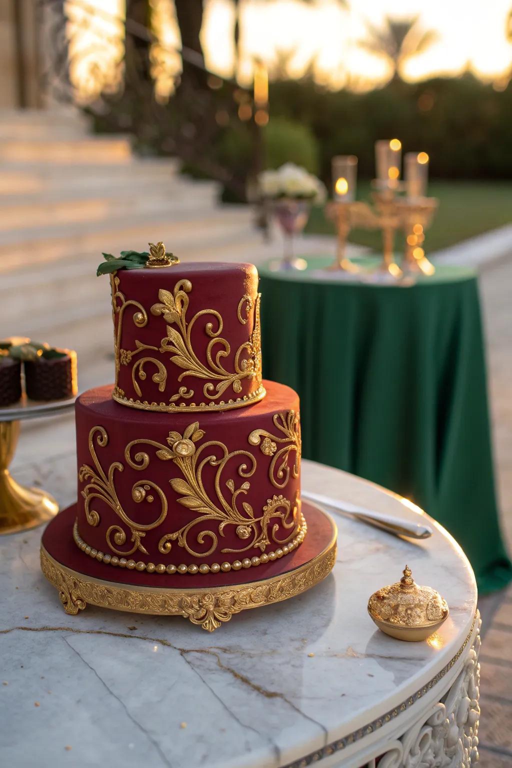 Intricate gold scrollwork brings timeless elegance to this burgundy cake. #ClassicElegance #ArtisticCakes