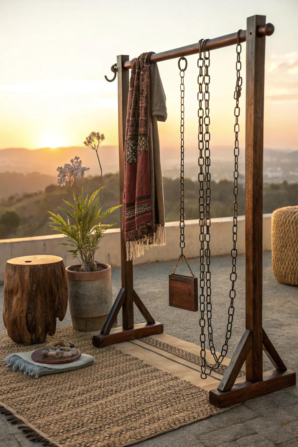 Freestanding racks are ideal for storing heavy chains without sacrificing style. #HomeStorage #DecorTips