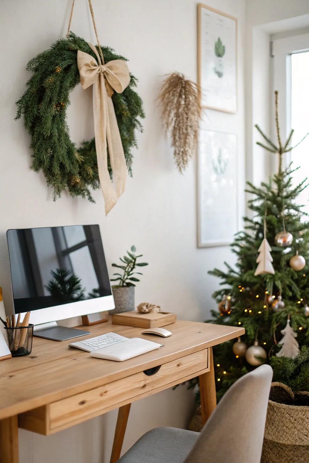 Classic wreaths and bows add a timeless holiday touch to any workspace.