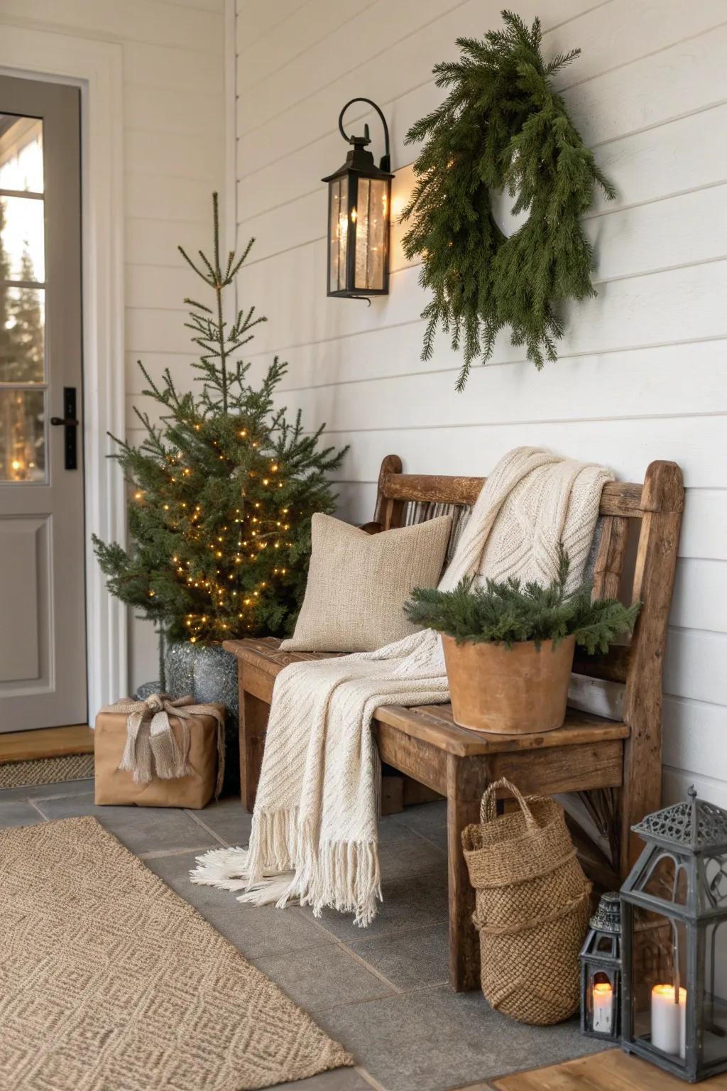 Rustic textures create a warm, inviting balance with festive ornaments. 🌲