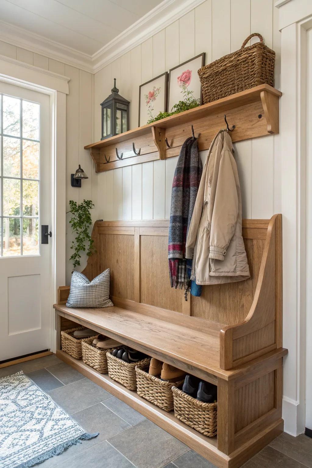 Make your mudroom functional and stylish with a church pew, adding both seating and storage solutions. 👟 #MudroomMagic #StorageSolutions